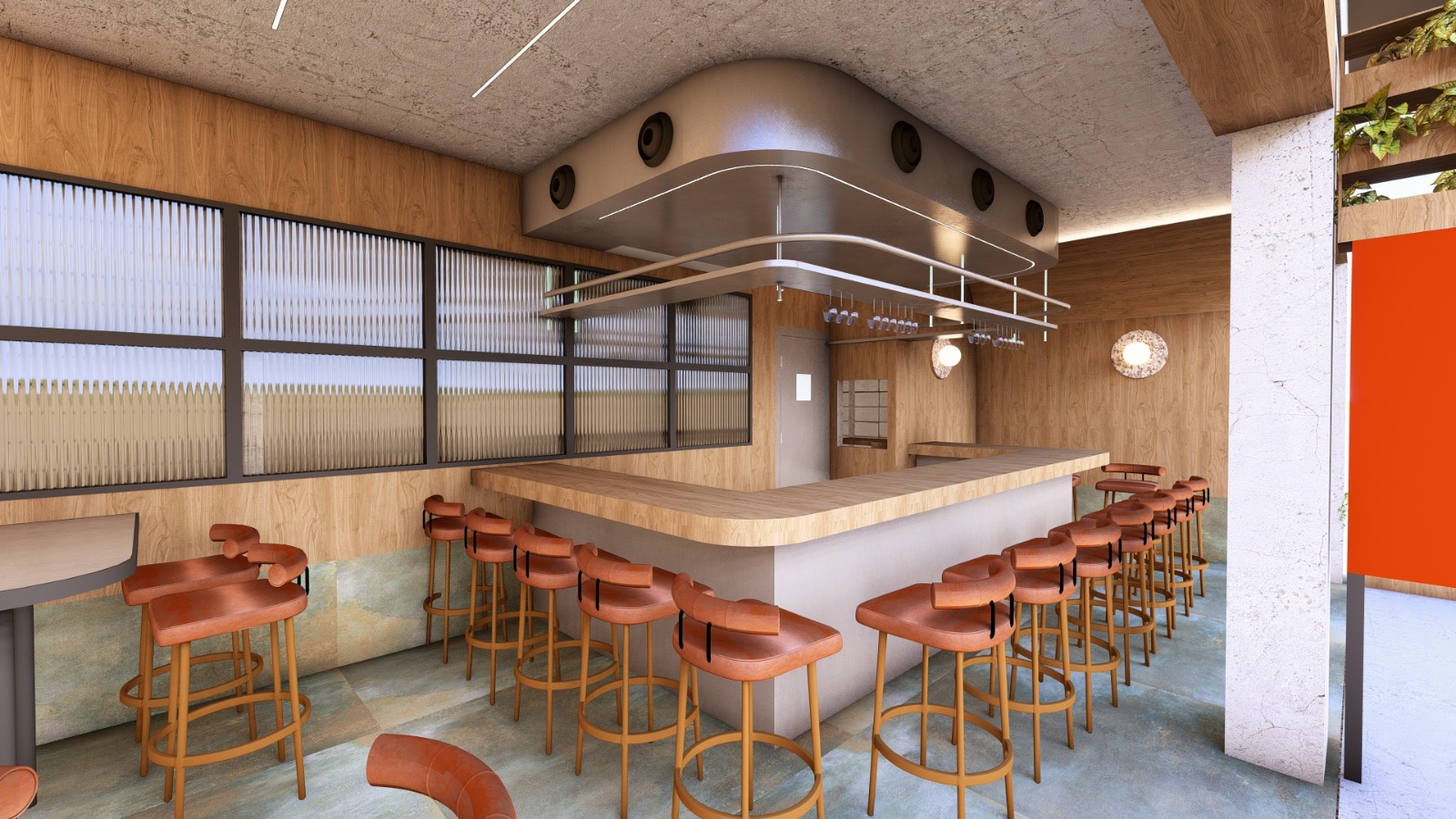 הבר של BAR 1 — אזור בר אסייתי עם פאנל כתום ותאורה אטמוספרית